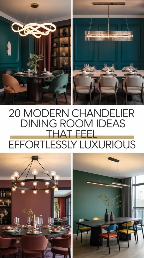 4-image collage of modern luxury dining rooms featuring sculptural LED ribbon, linear crystal bar, industrial, and minimalist black linear chandeliers with bold, upscale styling.