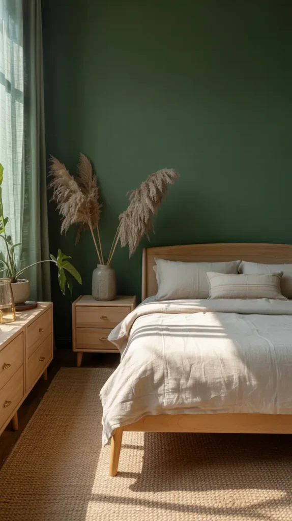 Forest green bedroom with natural wood furniture, linen bedding, and soft light creating a calm, moody retreat.