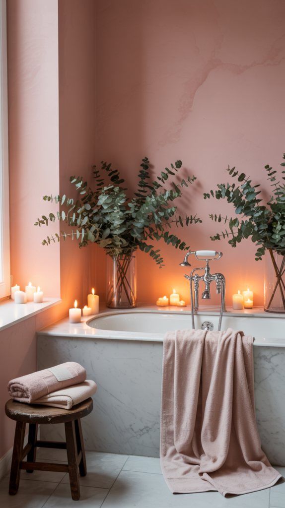 Soft rose spa bathroom with candles, eucalyptus, and warm lighting in a chic girly home.