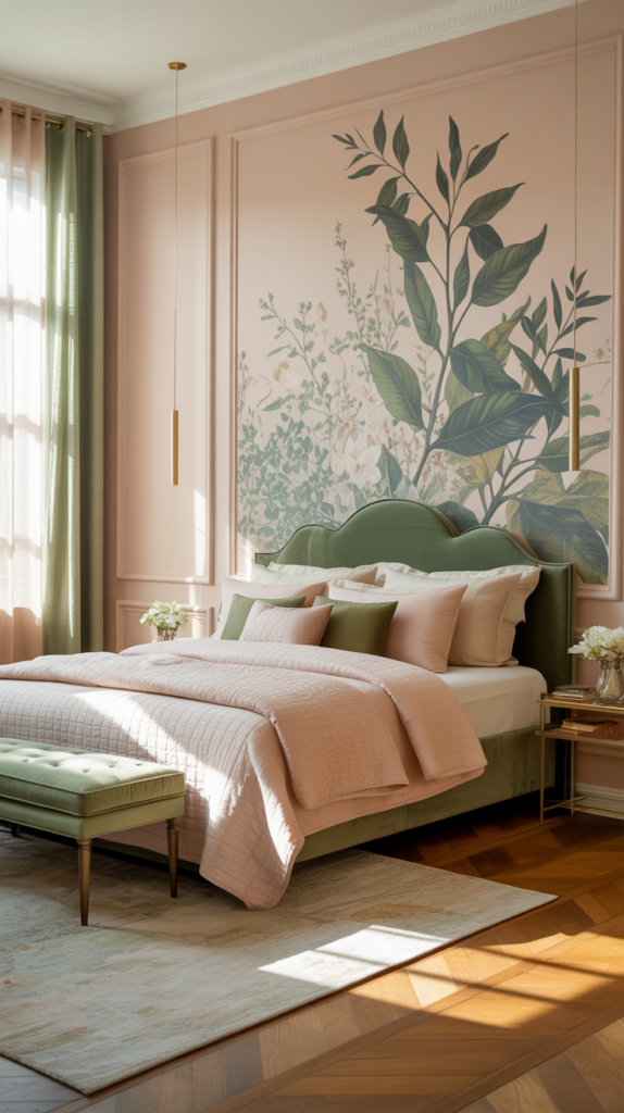 Botanical sage and blush bedroom with floral mural, velvet bed, gold pendants, and soft natural light.