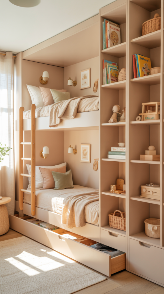 Small shared kids bedroom with bunk beds, vertical storage, light colors, and smart organization that makes the room feel bigger.