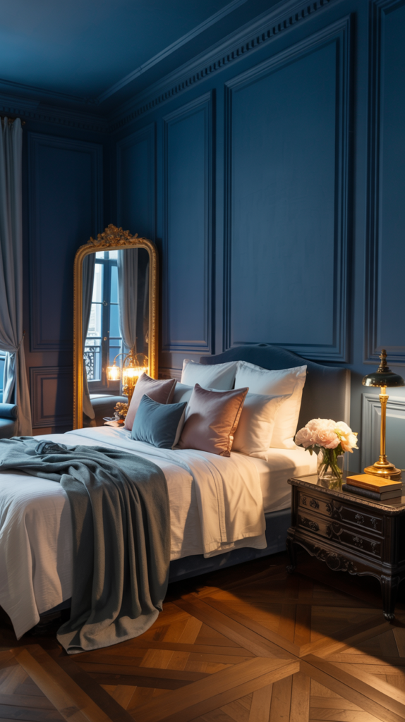 Moody Parisian bedroom with navy walls, blush pillows, and gold mirror.