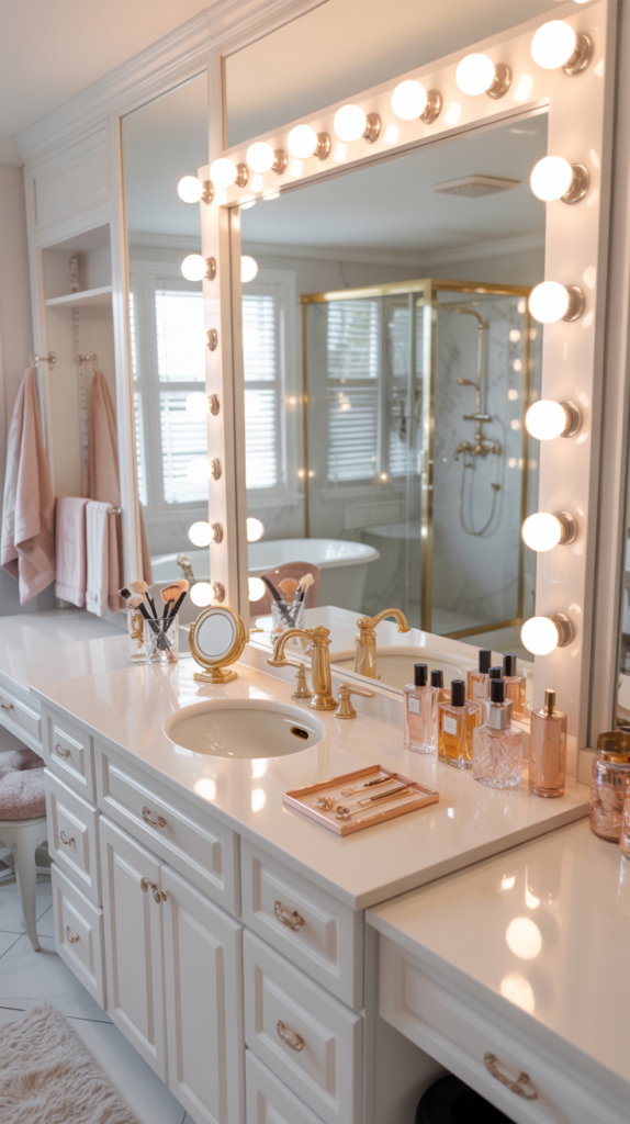Hollywood vanity-style bathroom with lighted mirror, gold accents, and glamorous feminine decor.