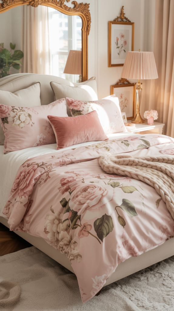 Floral bedroom with blush and cream bedding, gold accents, and soft lighting in a cozy, girly apartment.