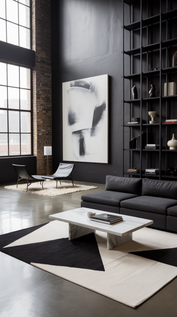 Open-plan black and white loft living room with two area rugs creating separate seating zones, black sectional sofa, white marble coffee table, and modern art decor.
