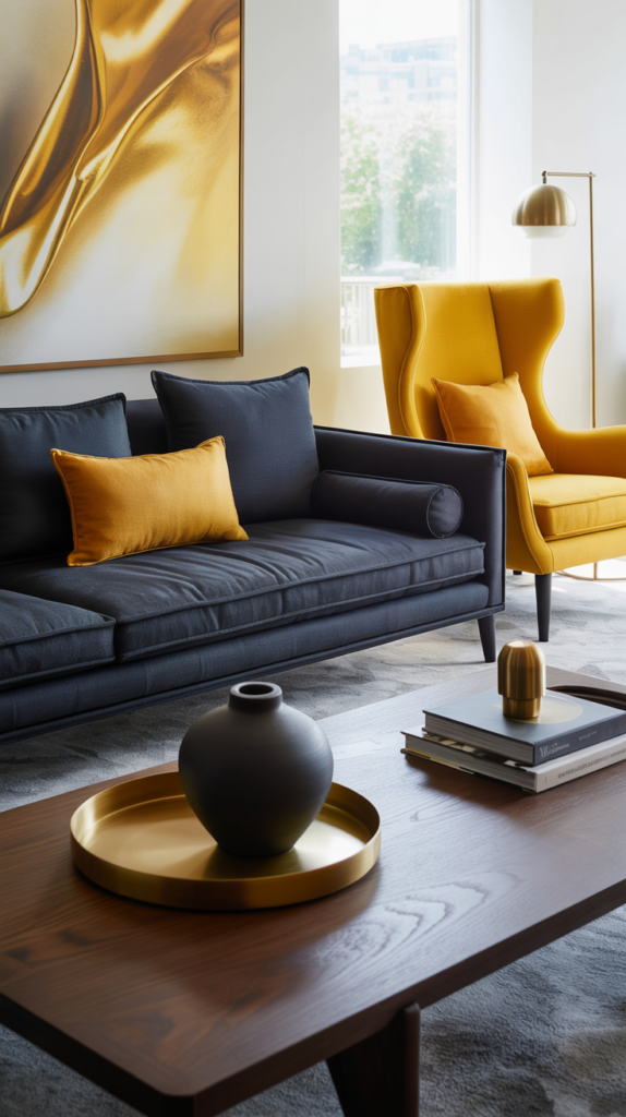 Charcoal gray sofa styled with a mustard yellow accent chair in a polished designer living room.