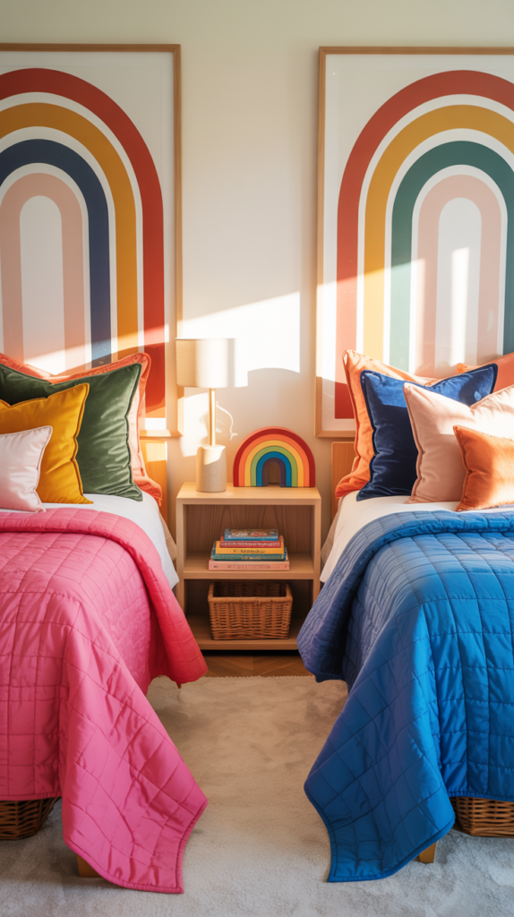 Full maximalist shared kids bedroom with two colorful twin beds, bold rainbow wall art, vibrant quilts, and playful decor in a bright, joyful space.
