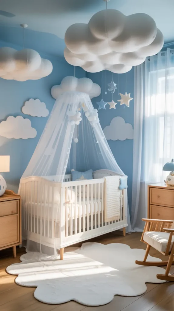 Cloud and sky baby boy nursery with bright blue walls, white cloud décor, gold star accents, and a playful yet upscale storybook design.