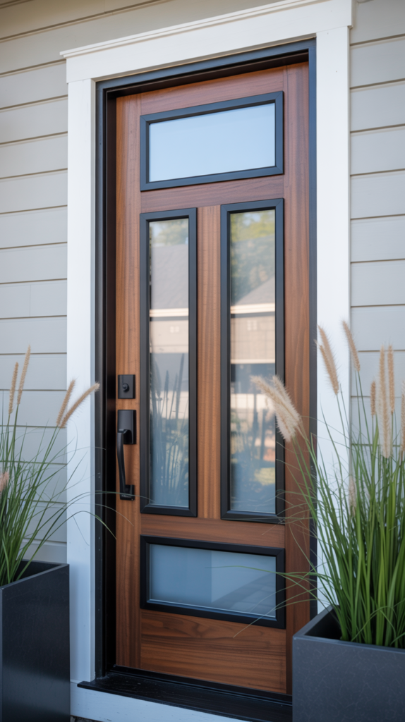 Modern farmhouse front door with wood panels, steel frame, and frosted glass for a stylish entry.