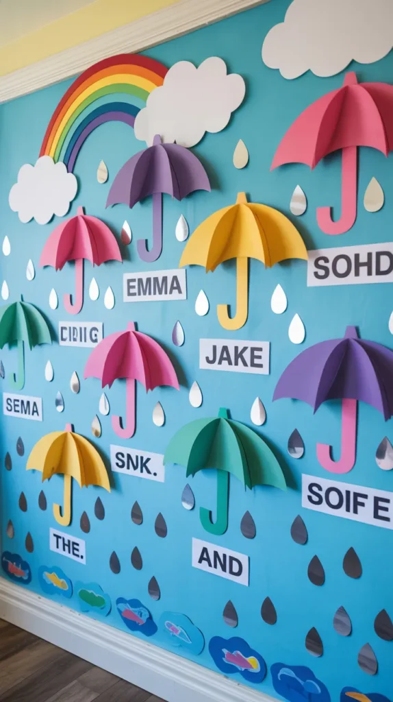 April Showers spring wall decoration in a kindergarten classroom with colorful umbrellas and raindrops.