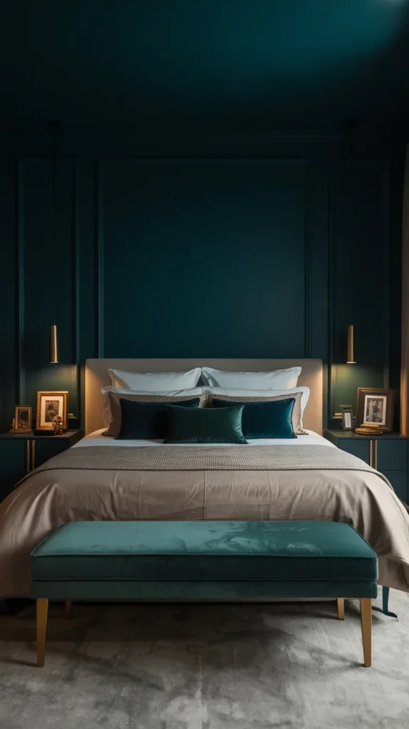 Blackened teal bedroom walls styled with neutral bedding and warm metallic accents for a dramatic, moody feel.