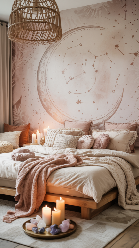 Boho bedroom with moon and stars wallpaper, layered bedding, rattan lighting, and a dreamy celestial bohemian aesthetics