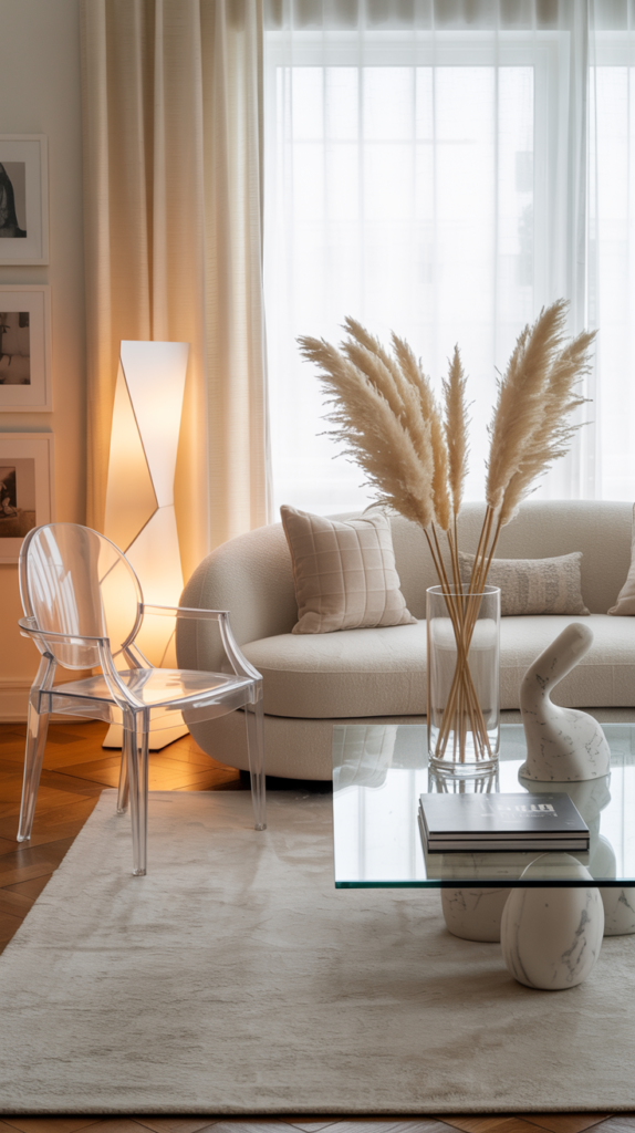 Curved beige sofa paired with an acrylic ghost chair in a light, modern designer living room.