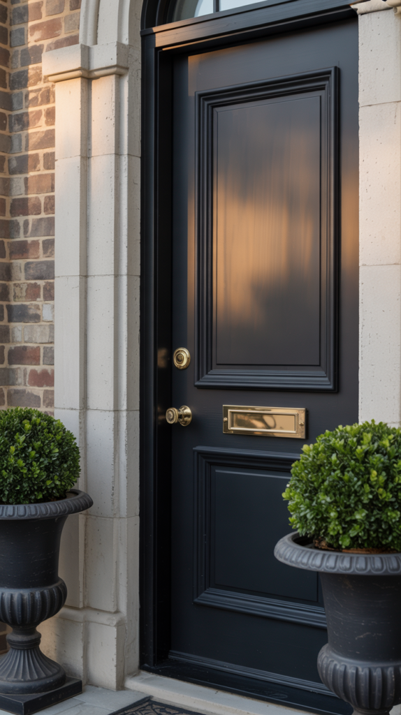 Black heritage farmhouse front door with brass hardware and formal boxwood planters.