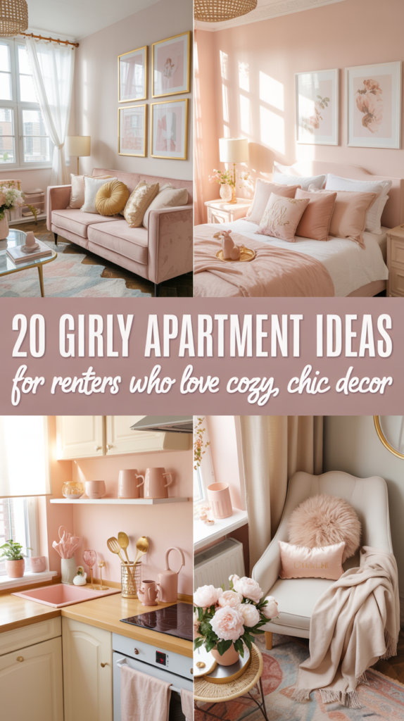 Four-image collage showing a blush living room, a girly bedroom, a pastel kitchen corner, and a cozy feminine entryway with text overlay reading “20 Girly Apartment Ideas for Renters Who Love Cozy, Chic Decor.”