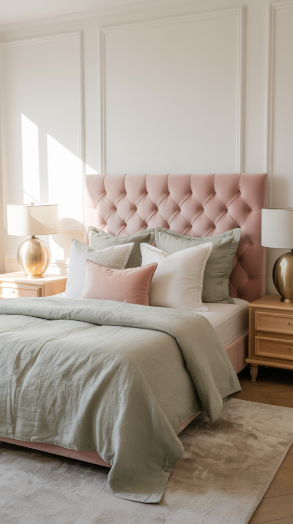 Pink velvet headboard with sage green bedding in a bright, elegant, upper-middle-class bedroom.