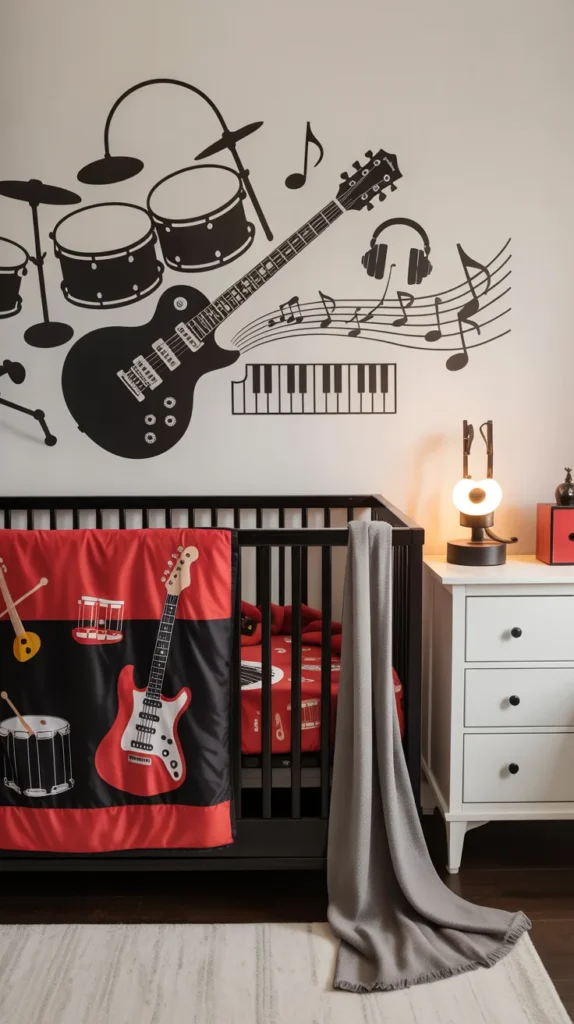 Musical-themed baby boy nursery with floating music notes, bright blue walls, playful instruments, and an upscale whimsical design.