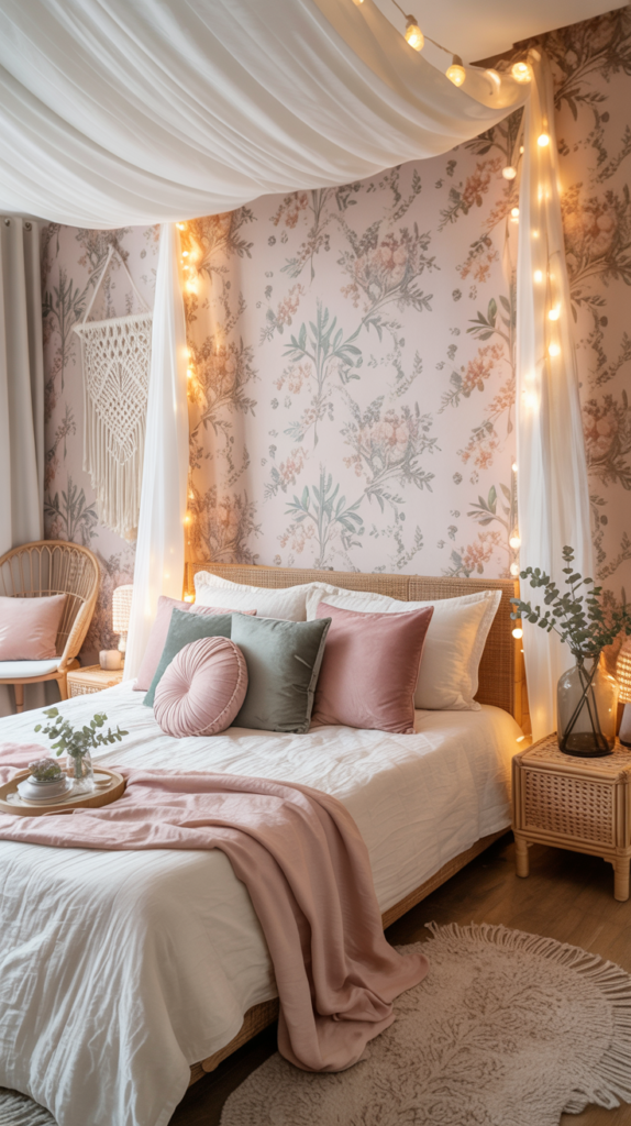 Pastel floral boho wallpaper in a dreamy boho bedroom with rattan decor and soft feminine styling.