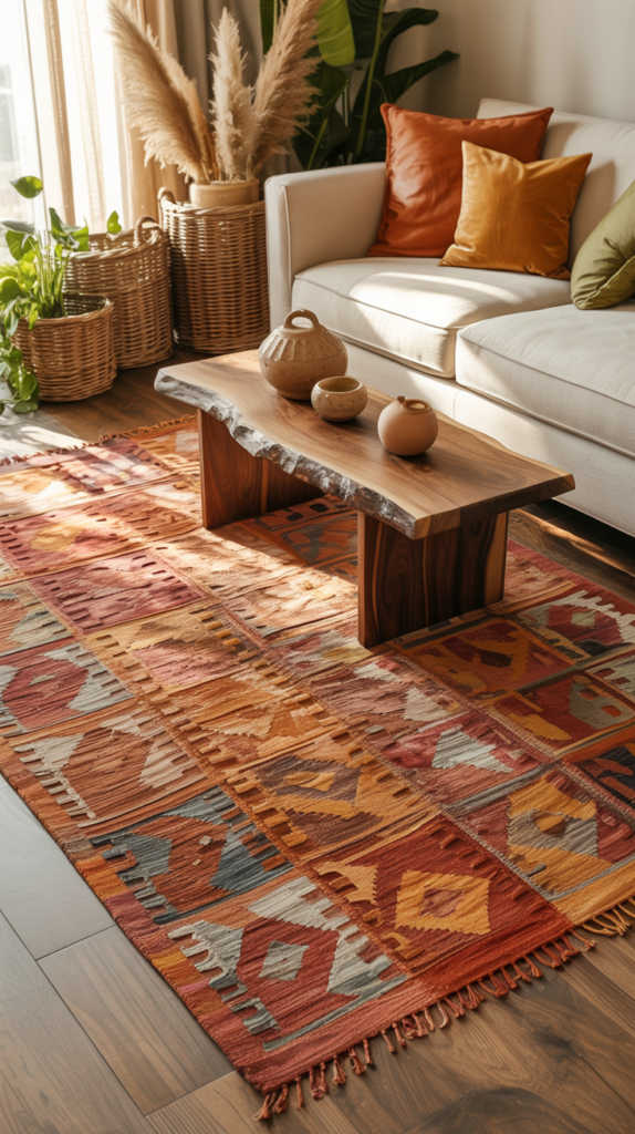 Terracotta kilim boho rug with earthy red patterns in a cozy living room with neutral sofa, wood furniture, and warm sunlight.