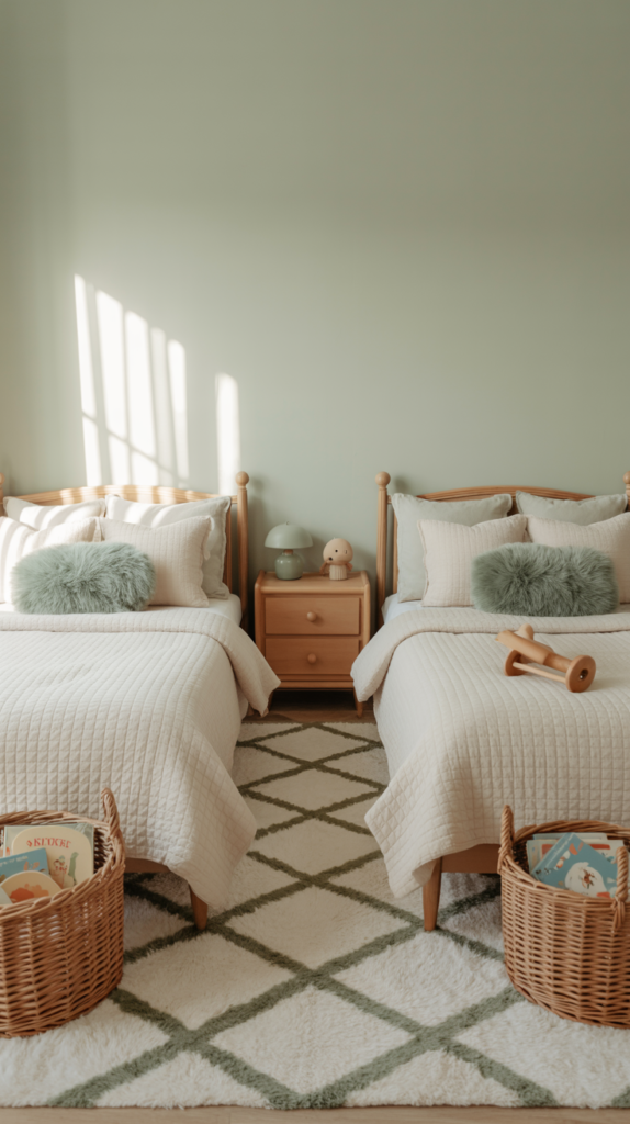 Sage green and cream shared kids bedroom with soft bedding, light wood furniture, and a calm, modern, cozy design.