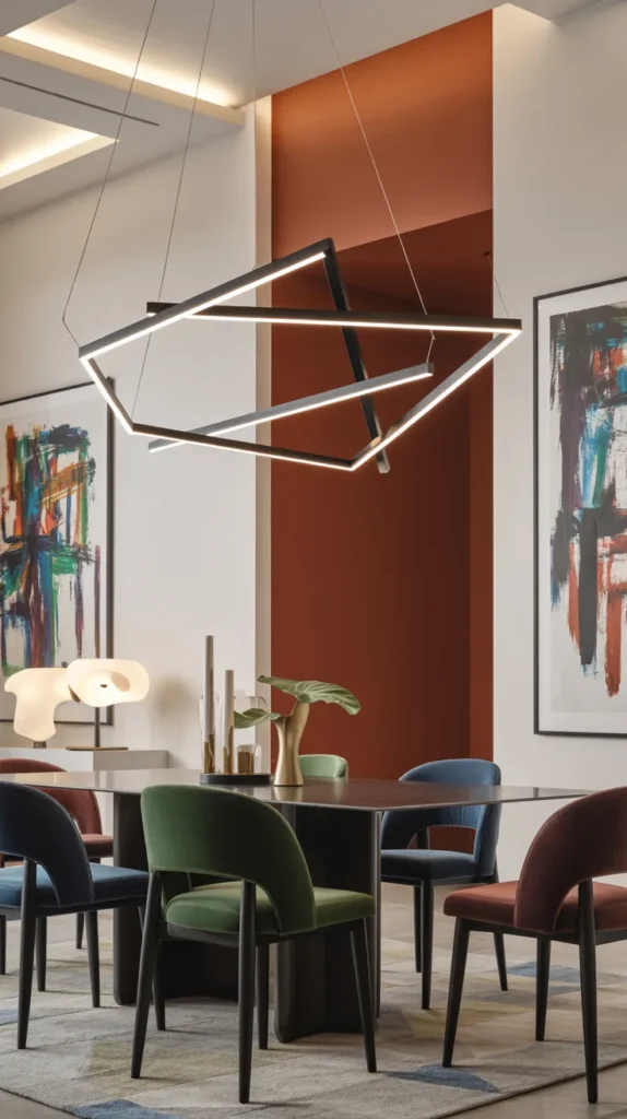 Modern dining room with black linear LED chandelier, bold wall color, colorful chairs, and a refined contemporary luxury style.