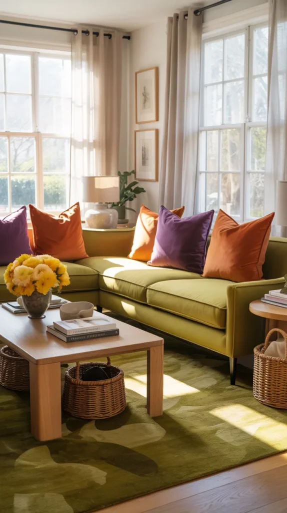 Spring living room with olive green sofa, burnt orange and violet pillows, and buttercup yellow accents in a refined home.