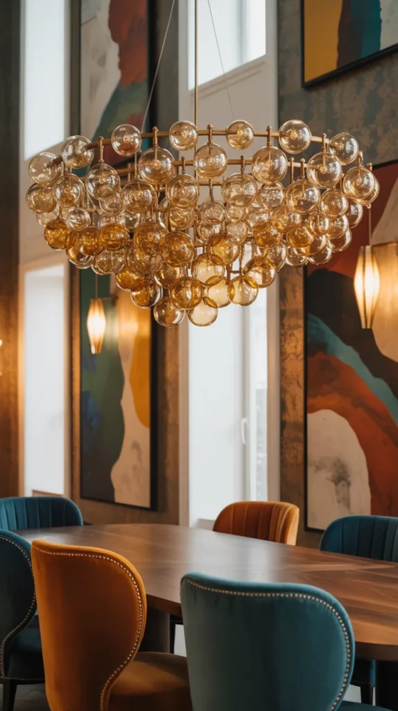 Modern luxury dining room with champagne bubble chandelier, warm glowing glass globes, and colorful upscale decor.