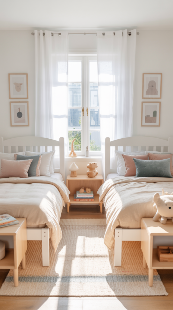 Scandinavian shared kids bedroom with white beds, light wood furniture, and soft pastel accents in a bright, airy room.