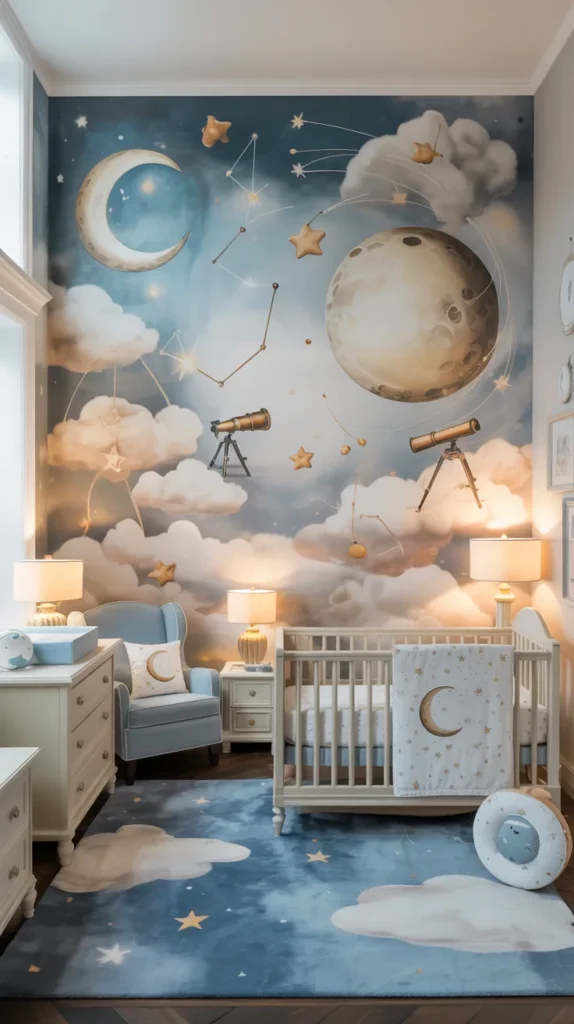 Fully furnished moon and star observatory baby boy nursery with celestial wall mural, white crib, dresser, star decor, and dreamy lighting.