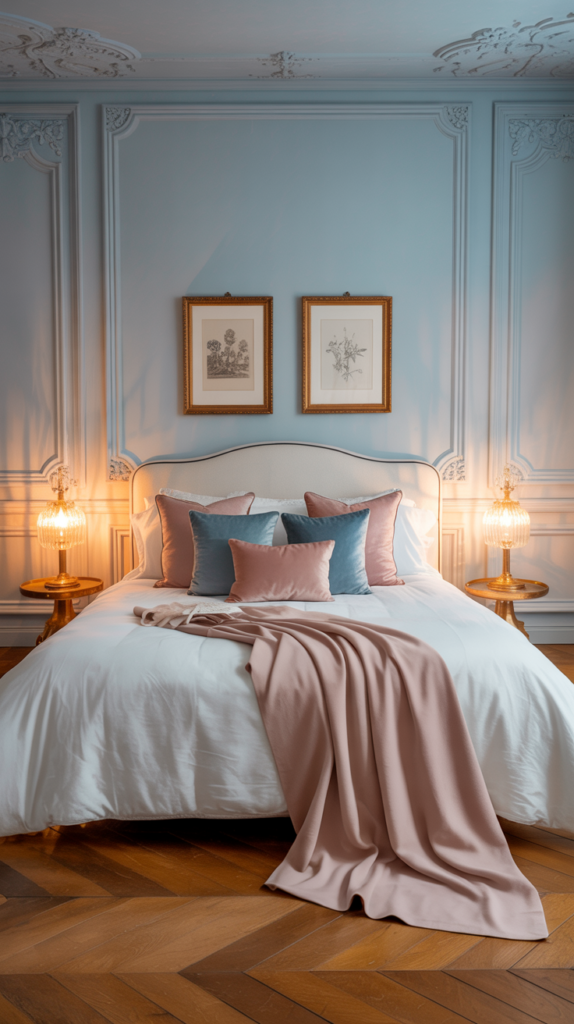 Parisian bedroom with powder blue molded walls and a plush, layered bed.