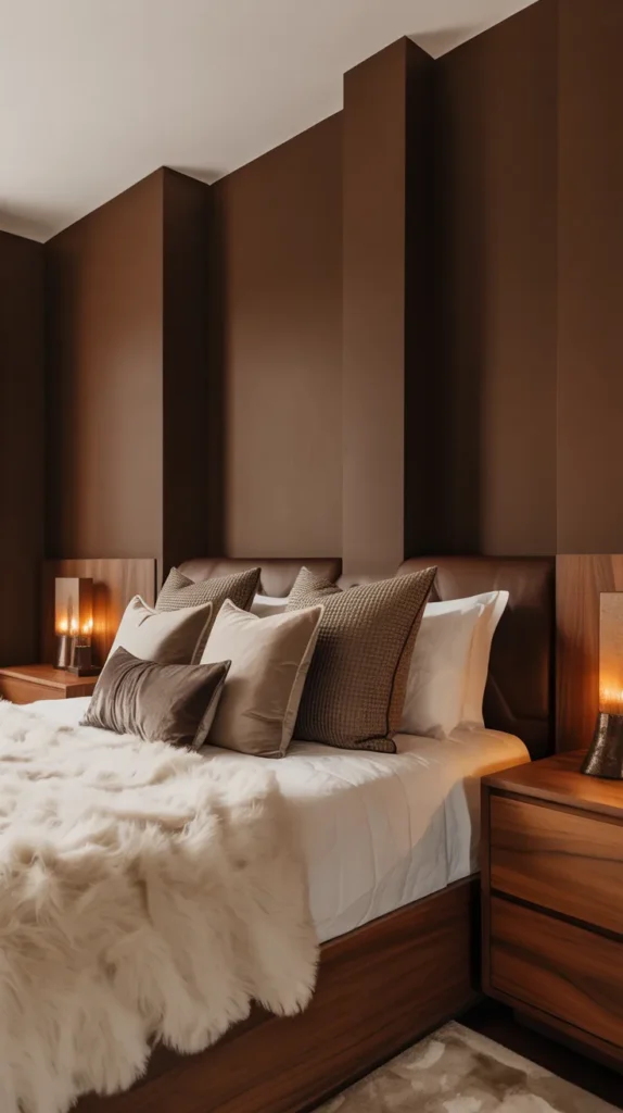 Cocoa espresso bedroom walls paired with creamy bedding and warm lighting for a cozy, luxurious mood.