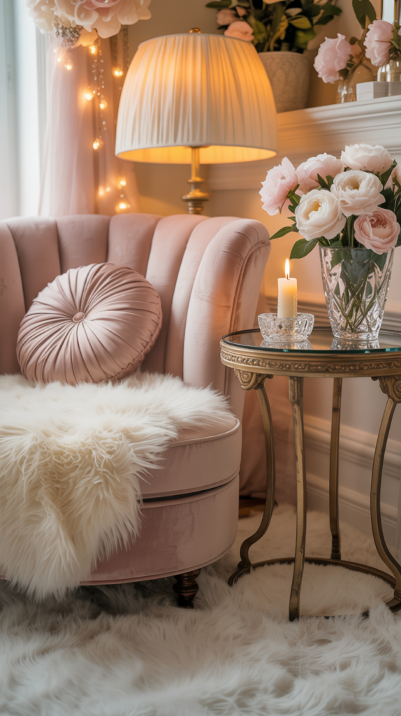 Soft glam reading nook with blush chair, gold side table, candle, and warm lighting in a cozy girly apartment.