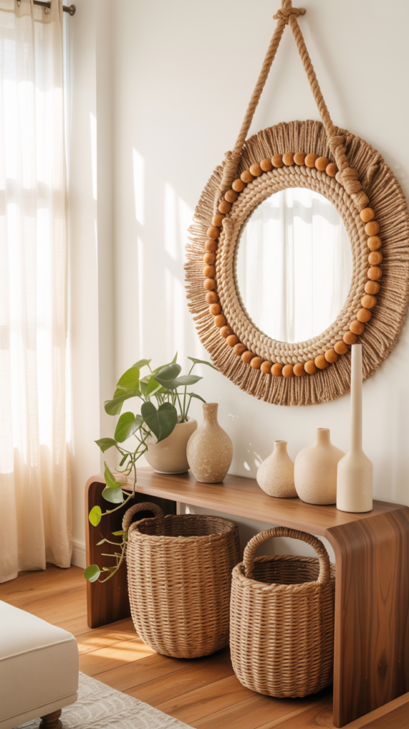 DIY rope and wooden bead mirror hanging above a console table in a modern boho living space with plants and woven baskets