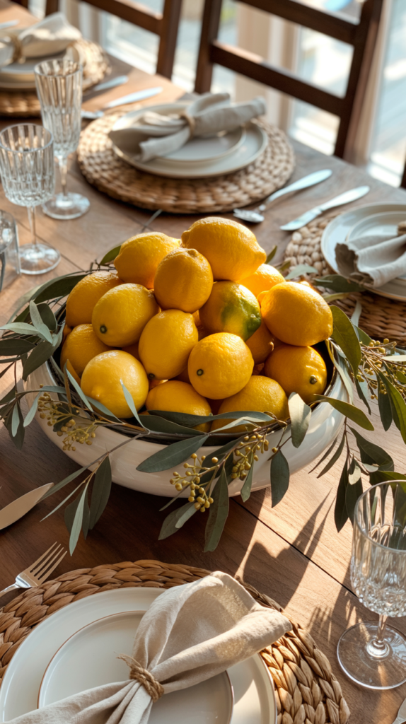 Lemon and greenery spring table centerpiece styled on a bright, elegant dining table in a luxury home.