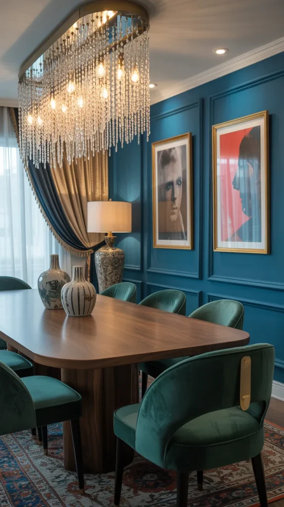 Elegant dining room with crystal curtain chandelier, rich colorful walls, and a sophisticated modern luxury vibe.