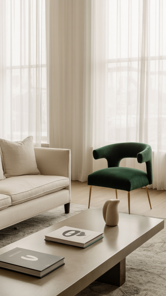 Minimal beige sofa styled with a bold emerald velvet statement accent chair in a modern living room.