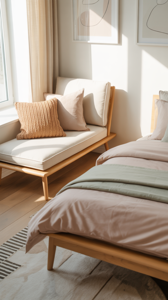 Bright bedroom with a Scandinavian-style bench sofa by the window, soft cushions, light wood frame, and a cozy seating nook beside the bed.