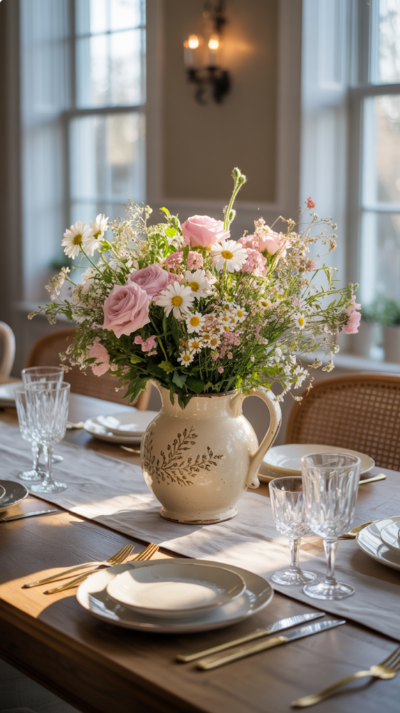 Vintage flower pitcher used as a spring table centerpiece on a luxury cottage-style dining table.