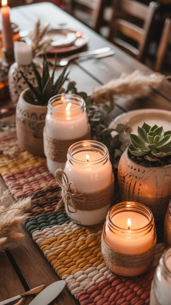 Twine-wrapped candle jars creating warm boho lighting on a styled table
