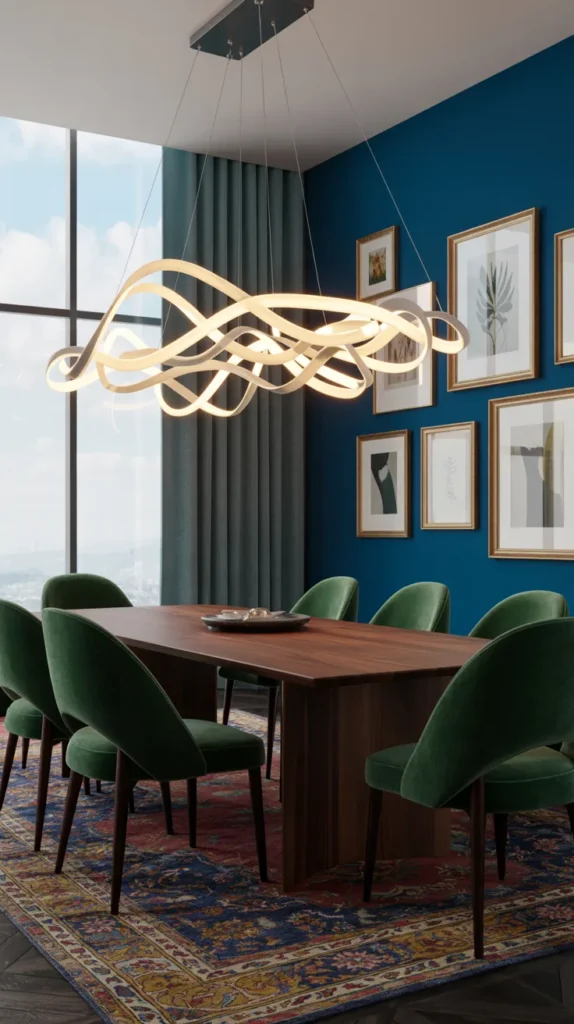 Modern luxury dining room with sculptural LED ribbon chandelier, emerald velvet chairs, jewel-tone accents, and an upscale contemporary aesthetic.