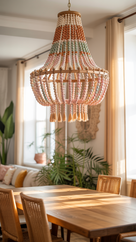 DIY beaded chandelier hanging above a dining table in a modern boho dining room