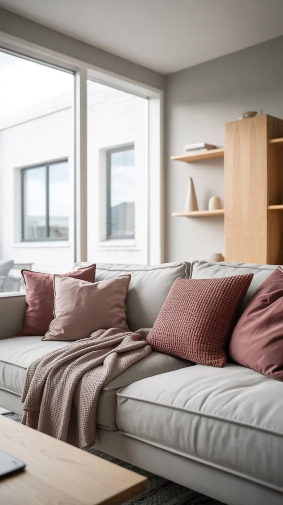 Scandinavian-inspired red and grey living room with soft neutrals, muted red accents, and natural wood elements.