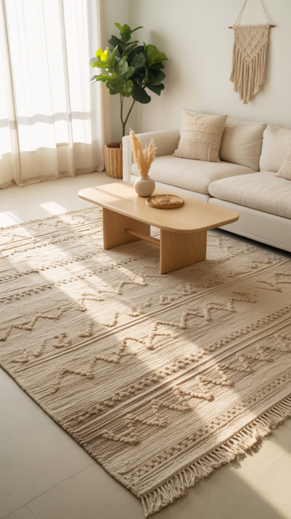 Minimalist boho rug in neutral beige tones in a clean living room with linen sofa, wood table, and soft natural light.