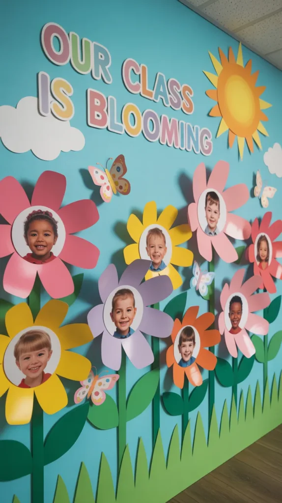 Our Class Is Blooming spring wall decoration in a kindergarten classroom featuring colorful flowers and student names.
