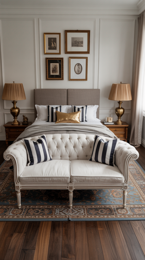 A Parisian-style bedroom with a tufted couch at the foot of the bed, elegant black-and-white decor, and warm lighting creating a chic and timeless look.