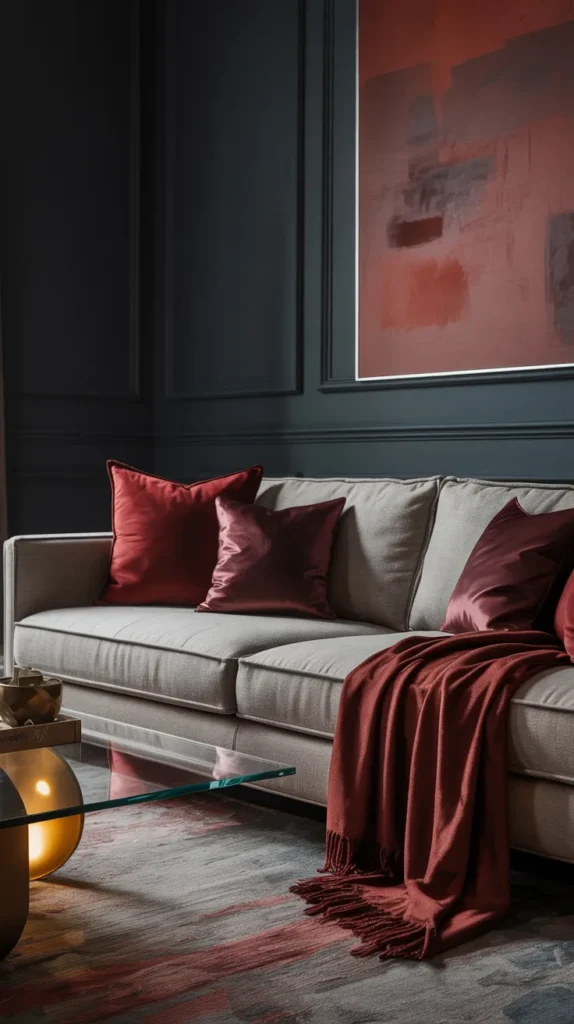 Charcoal grey living room with deep red accents, featuring a light grey sofa, burgundy pillows, warm brass lighting, and a refined, moody design.