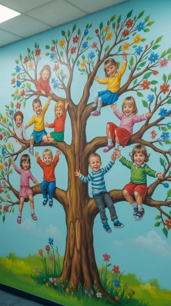 Spring tree wall mural in a kindergarten classroom showing children, flowers, and growth-themed spring decor.