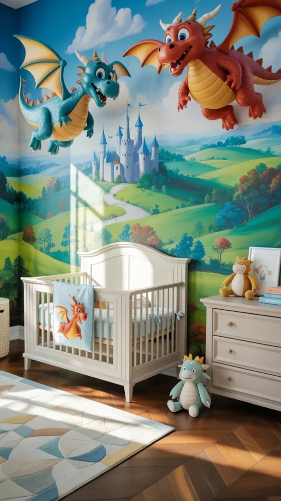 Fully furnished friendly dragon baby boy nursery with illustrated dragons, castle mural, crib, and bright fantasy decor.