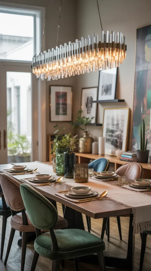 Modern luxury dining room with linear crystal prism chandelier, bold colors, and an elegant upscale design.
