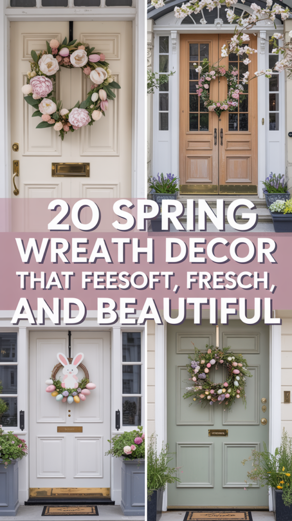 Four spring wreaths on elegant front doors with pastel flowers and Easter accents, styled in a bright Pinterest collage.